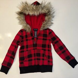 Ralph Lauren Kids Faux Fur Buffalo Plaid Hooded Zip-Up Sweater Size 5